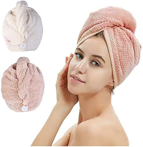2 Pack Hair Towel Wrap,Hair Drying Towel with Button, Microfiber Hair Towel, Dry Hair Hat, Bath H... | Amazon (US)
