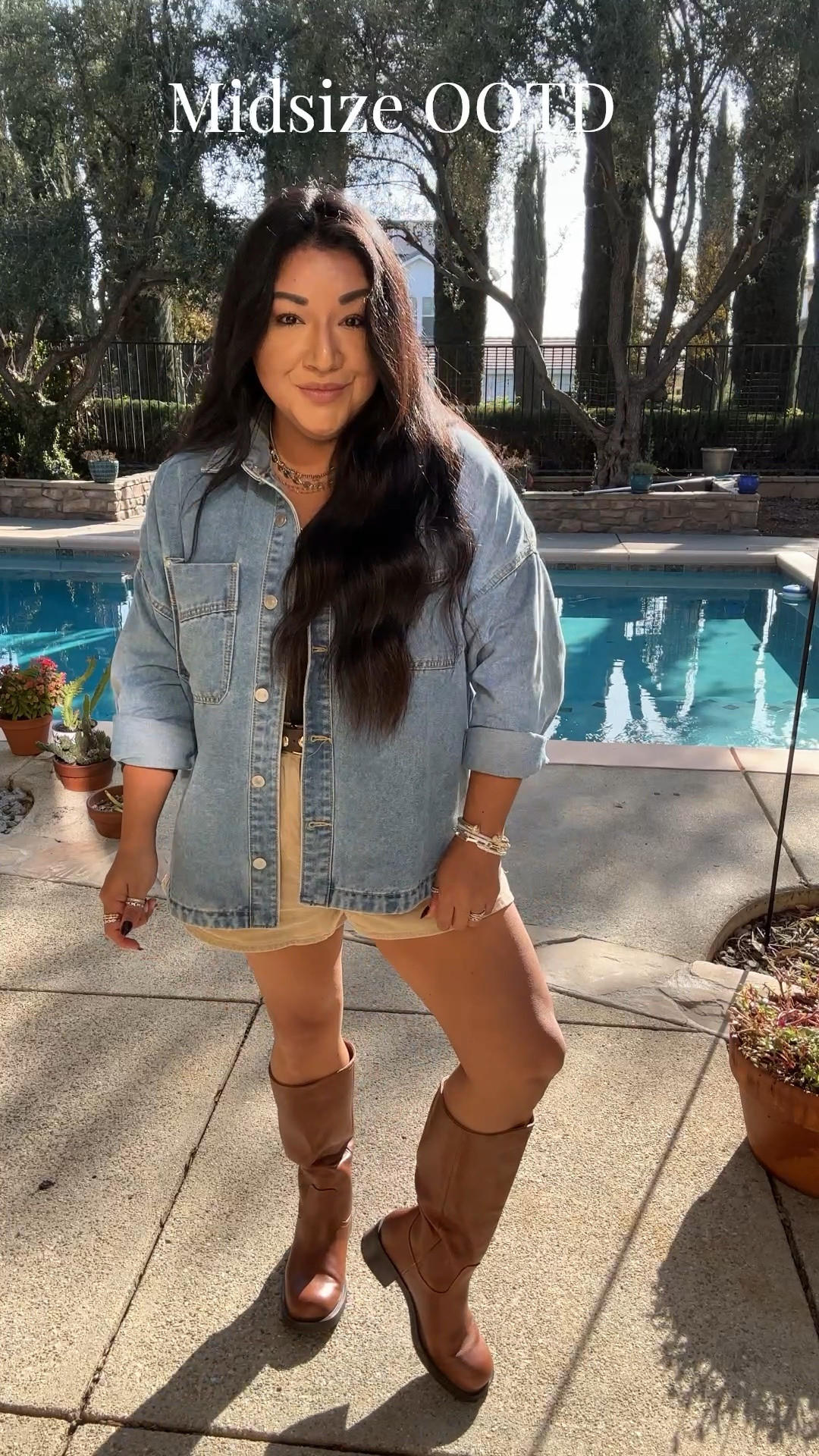 Denim jacket - medium , oversized fit 

Bodysuit - large , fits true to size and stretchy 

Boots - wearing size 8, true to size and I have 15” calves and comfortable fit 


#LTKMidsize #LTKootd #LTKFindsUnder50