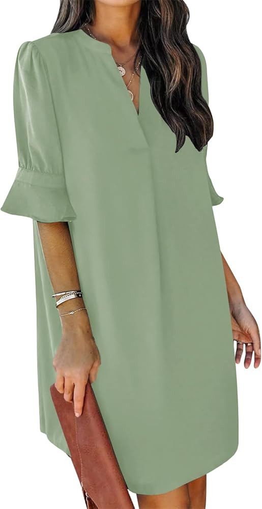 QACOHU Summer Dresses for Women 2024 V Neck Ruffle Short Sleeve Shift Dress | Amazon (US)