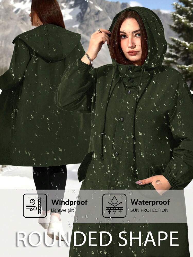 Enliva Plus Size Pure Black Windbreaker Jacket, Long-Sleeved Hooded Mid-Length Jacket, Water-Repellent Fabric, Suitable For Outdoor Sports And Casual Outings, Back To School, Hoodies,Hooded,Windbreaker,Fall Jacket For Women,Winter,CURVE PLUS, For Apple Rounded Body Shape | SHEIN