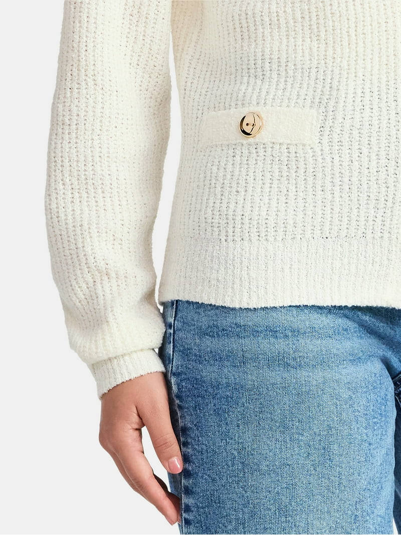 Time and Tru Women's V Neck Button Front Boucle Cardigan Sweater with Long Sleeves, Mid-weight, S... | Walmart (US)