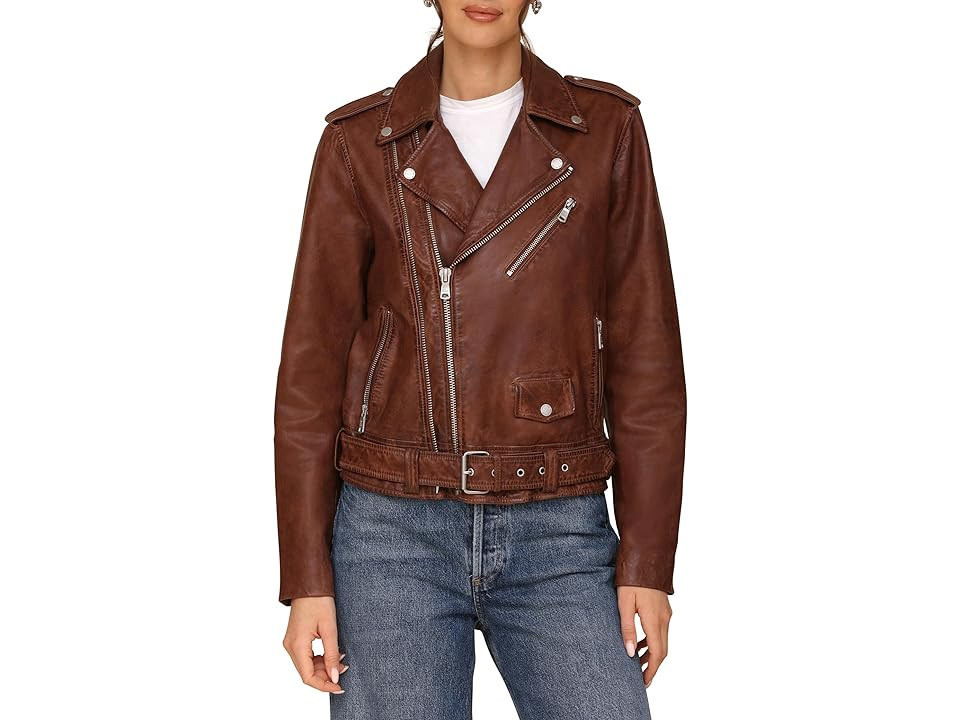 Avec Les Filles Genuine Leather Relaxed Biker Jacket Women's Jacket Coffee : XS | Zappos