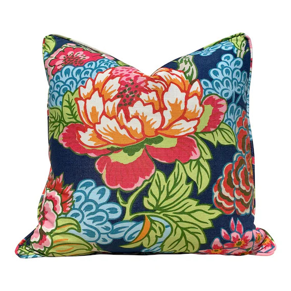 Thibaut Honshu Pillow in Navy Blue and Red. Chinoiserie Floral Pillow. Lumbar Pillow. Designer pi... | Etsy (US)