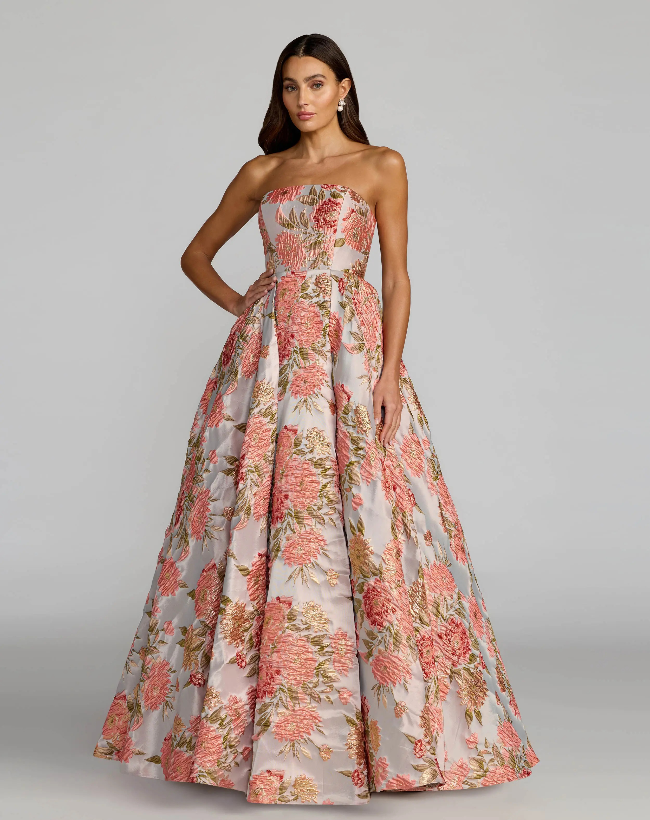 Mac Duggal - Pink Strapless Floral Brocade Ball Gown With Pockets - Pastel Multi / US 10 | Mac Duggal