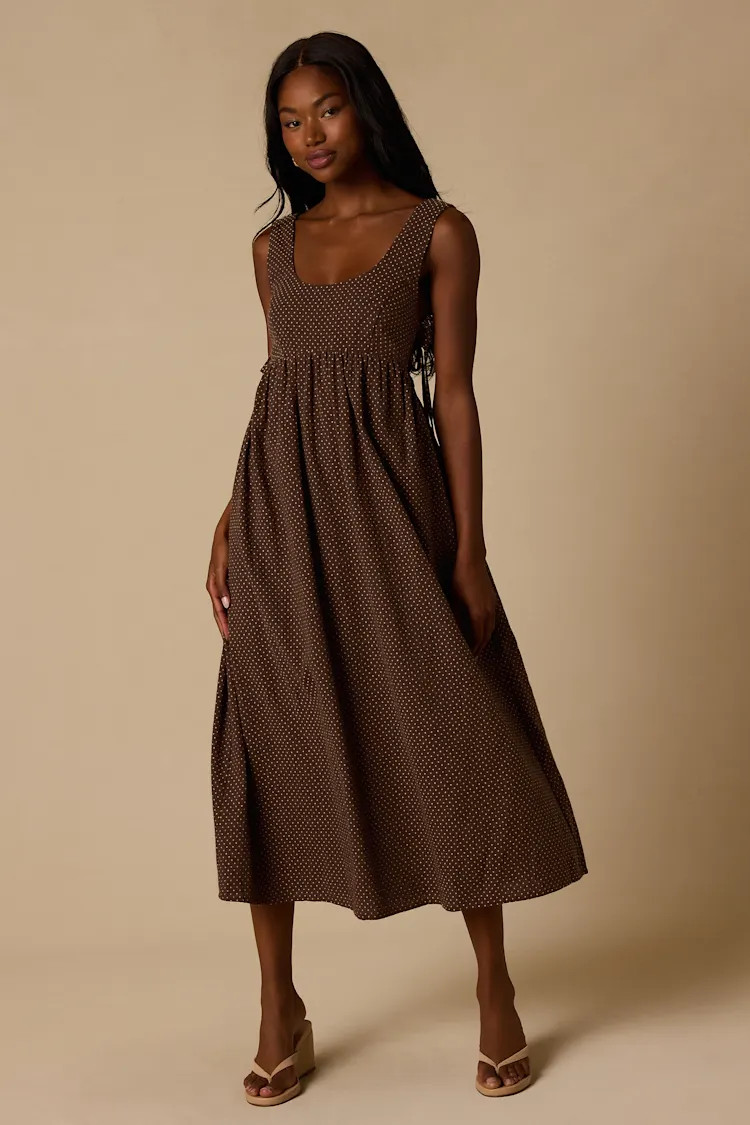 Shalena Brown Polka Dot Side-Tie Midi Dress | Lulus