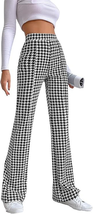 SheIn Women's Elastic High Waist Flare Pants Houndstooth Print Wide Leg Long Trousers | Amazon (US)