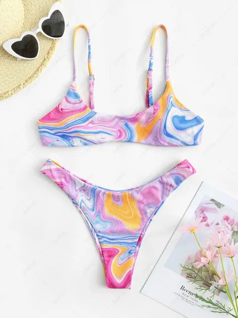 ZAFUL Ribbed Swirl Marble Print High Cut Bikini Set | ZAFUL (Global)