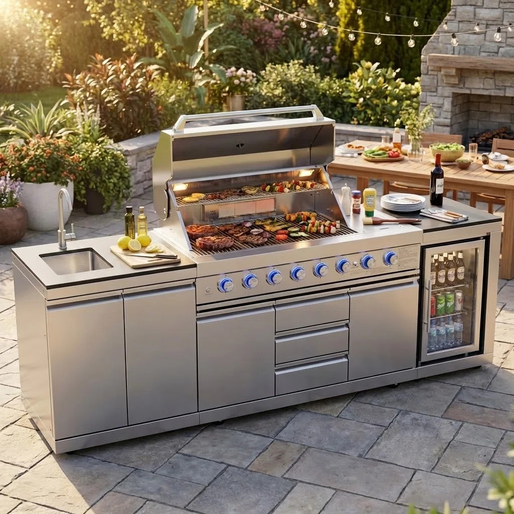Akoah 8-Burner Stainless Steel Modular Outdoor Kitchen Island with Fridge & Sink | Wayfair North America