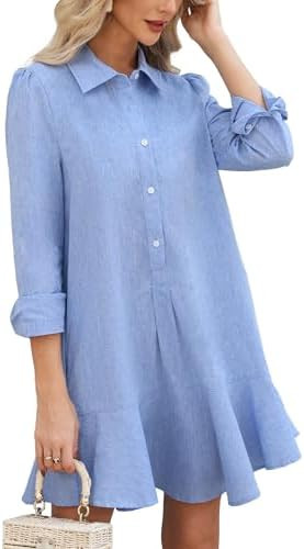 YEXPINE Women's Tunic Mini Shirt Dress Cotton Linen Long Sleeve Button Up Ruffle Hem Loose Casual... | Amazon (US)