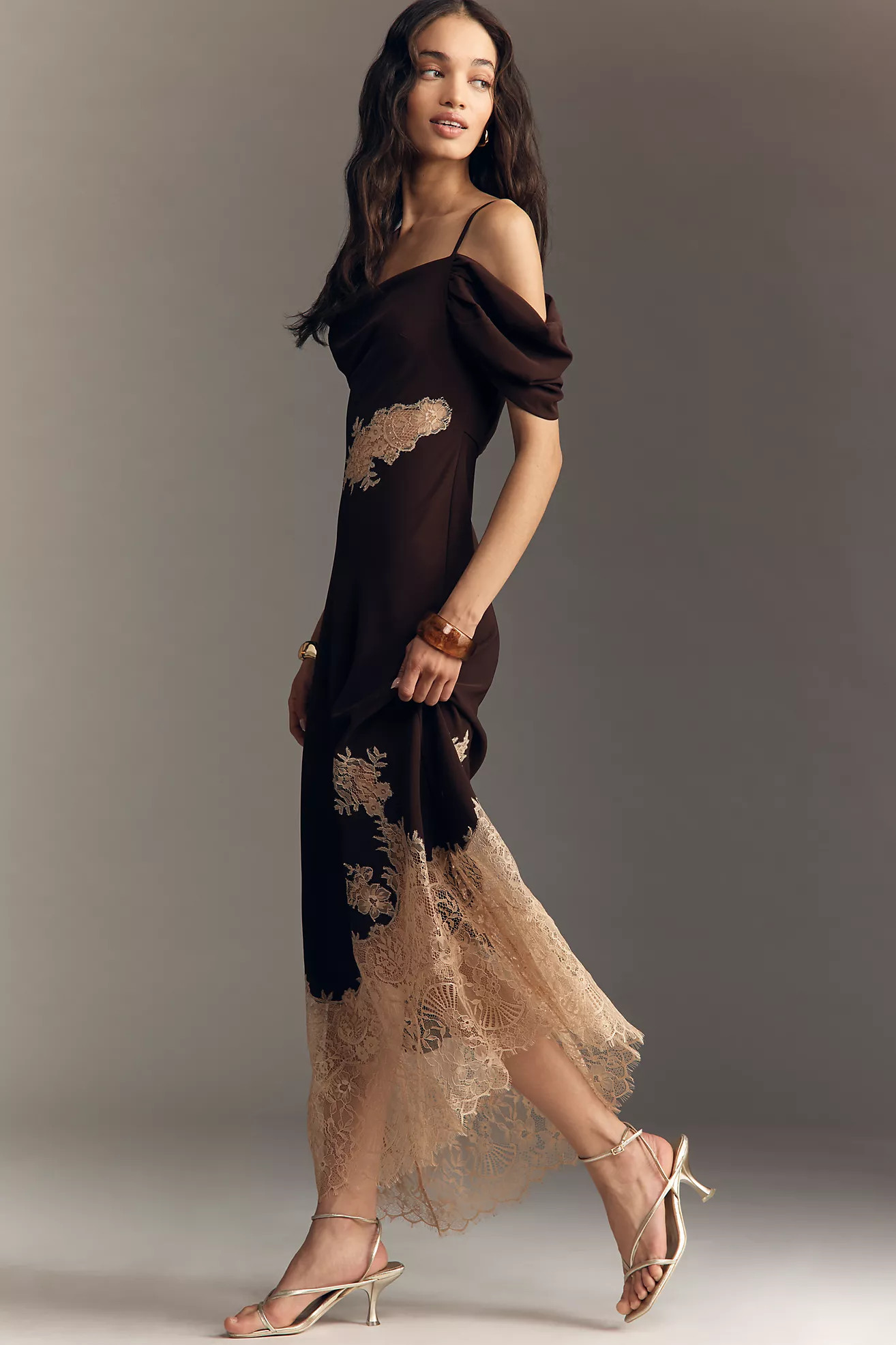 Bl-nk Satin Off-Shoulder Lace Midi Dress | Anthropologie (US)