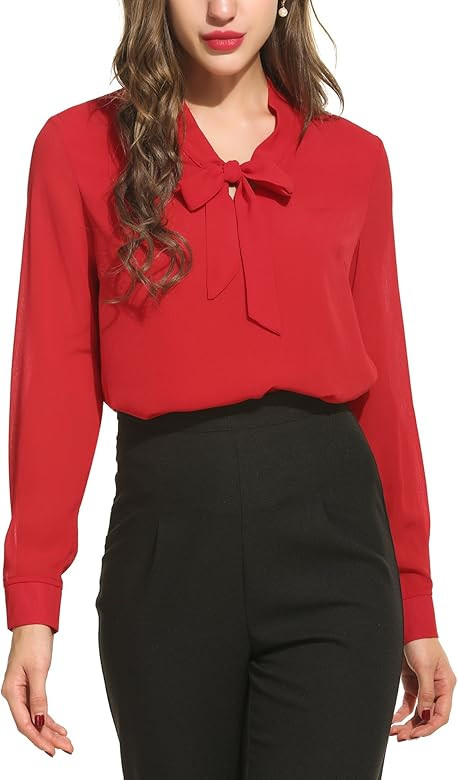 ACEVOG Womens Bow Tie Neck Long/Short Sleeve Casual Office Work Chiffon Blouse Shirts Tops | Amazon (US)