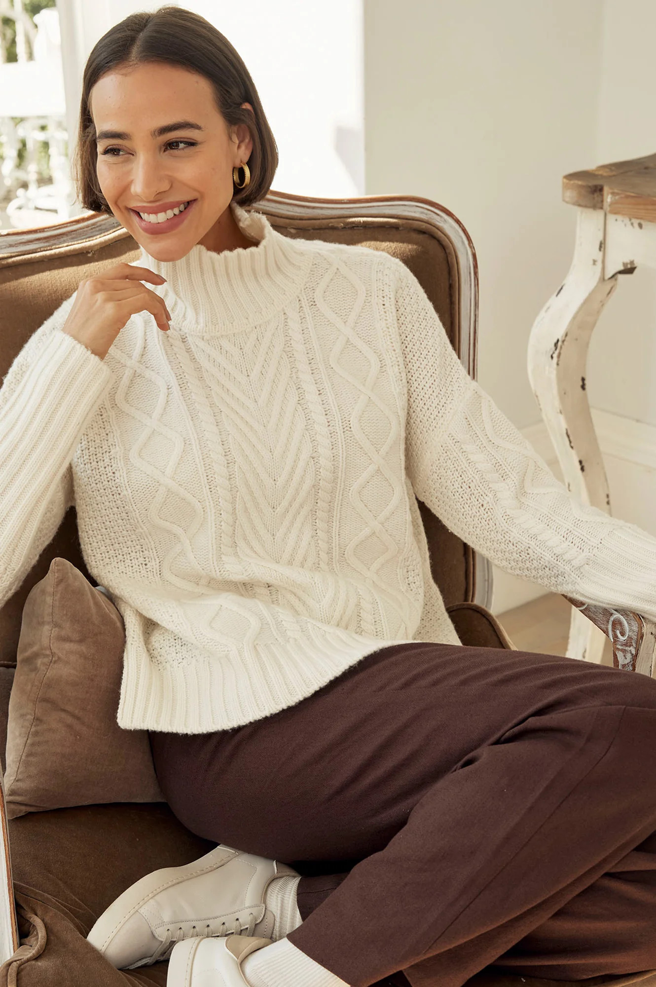 Merino Wool Cable Knit Funnel Neck Jumper | Cream | Aspiga