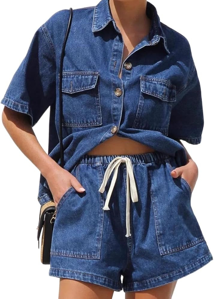 Denim Set for Women 2 Piece Button Down Shirt High Waist Denim Short Set Summer Jean Matching Set... | Amazon (US)