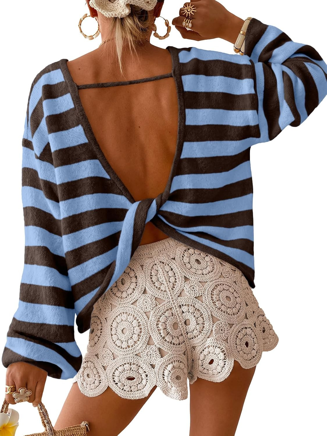 Trendy Queen Womens Striped Open Back Sweaters Going Out Oversized Outfits | Amazon (US)