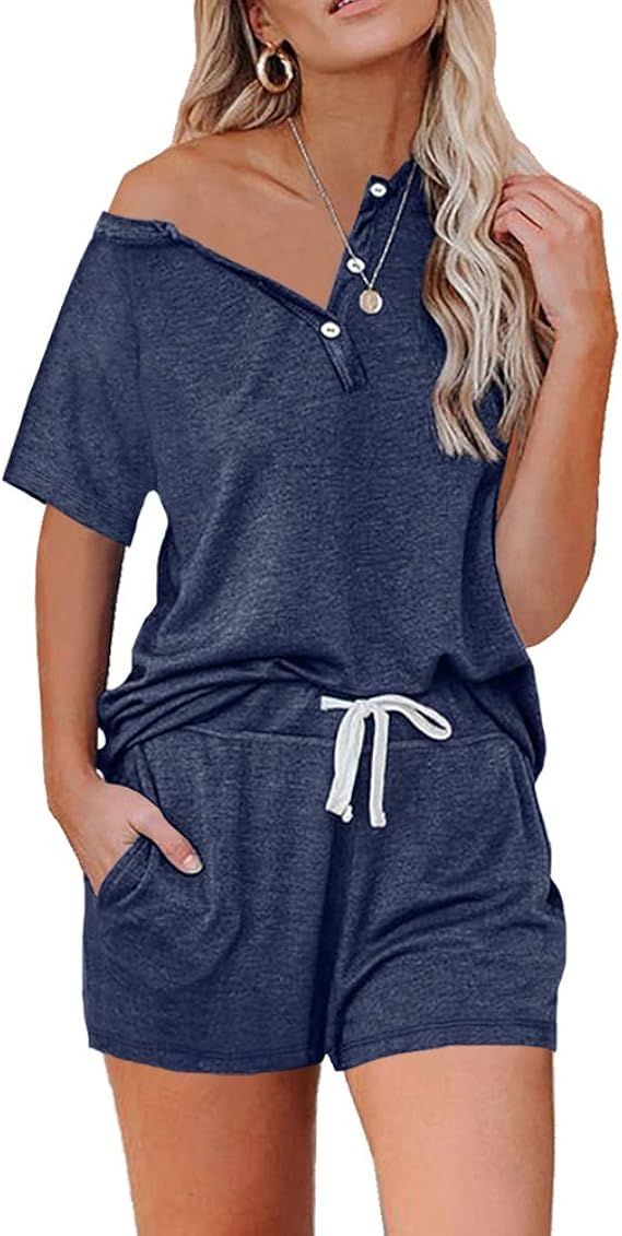 EFAN Women's Lounge Sets 2 Piece Outfits Button Up Sweatsuit Short Sleeve Pullover Tops and Short... | Amazon (US)