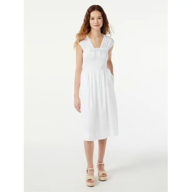 Free Assembly Women's Smocked Midi Dress with Cap Sleeves - Walmart.com | Walmart (US)