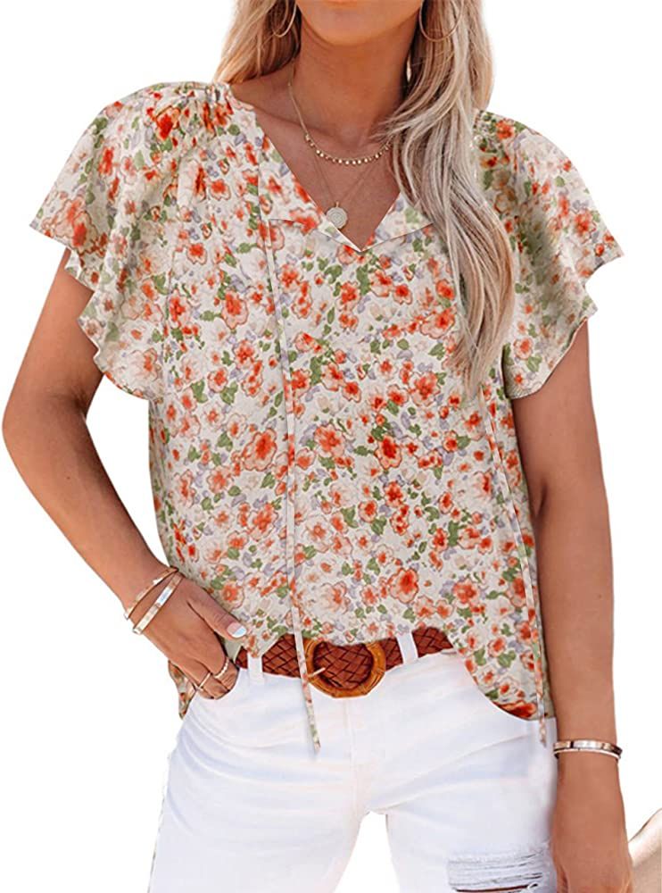 Mansy Women's Casual Floral Print V Neck Ruffle Short Sleeve Summer Shirts Tops Loose Blouses | Amazon (US)