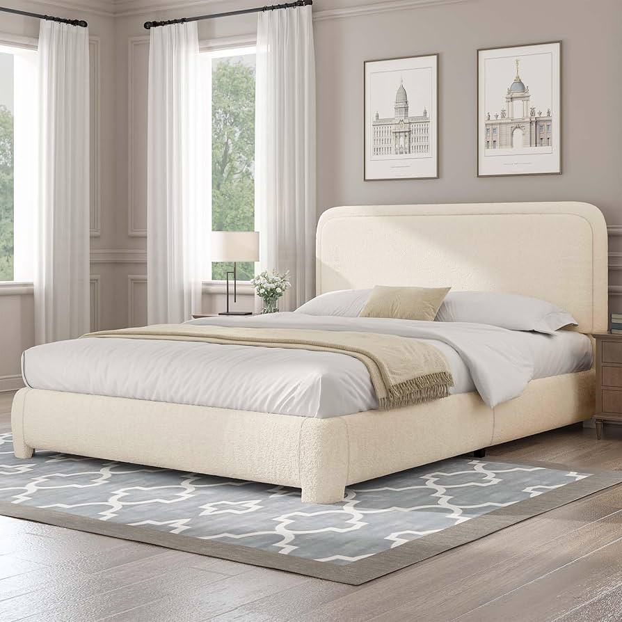 Queen Bed Frame with Headboard, Boucle Upholstered Platform Bed with Wood Slats, Soft Rounded Cor... | Amazon (US)