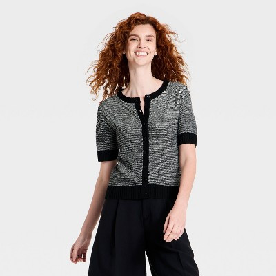 Women's Short Sleeve Button-Front Cardigan Sweater - A New Day™ Black L | Target