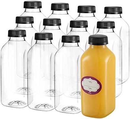 16 Oz Empty Plastic Juice Bottles with Lids – 12 Pack Large Square Drink Containers - Great for... | Amazon (US)