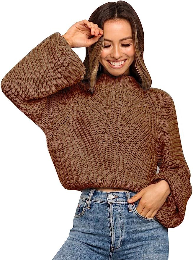 Miessial Women's Cable Knit Lantern Sleeve Sweater Pullover Casual Soft Crewneck Ribbed Sweater T... | Amazon (US)