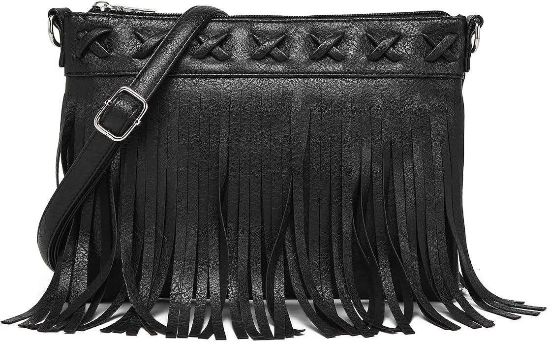 Trendy Fringe Crossbody Bag Boho Western Sling Bag Black Purse Hippie Braided Women Bag with Pig-... | Amazon (US)