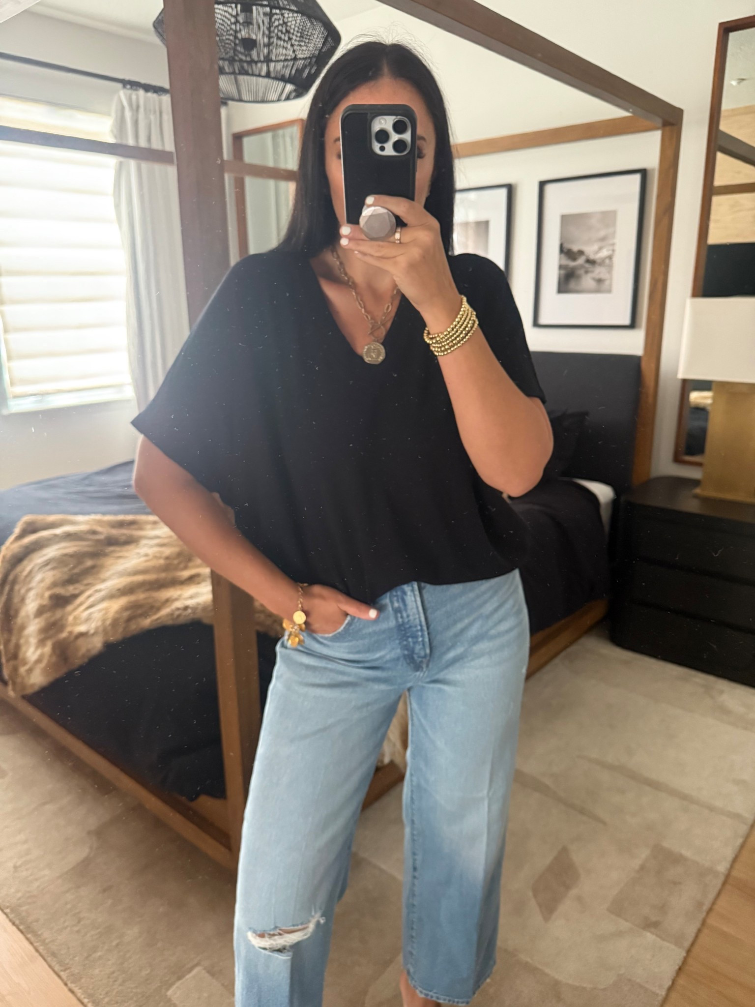 High Waisted Light Wash Ripped Wide Leg Ankle Jeans. Relaxed Crepe V-Neck Short Sleeve Sweater
