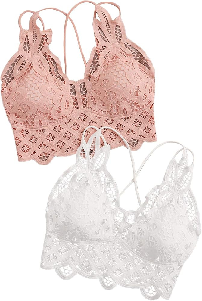 Floerns Women's Sexy Lace V Neck Criss Cross Back Bralette Crop Top | Amazon (US)