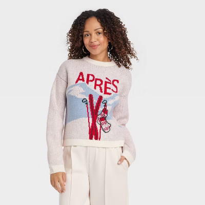 Women's Holiday Crewneck Pullover Sweater - A New Day™ Cream/Blue Apres S | Target