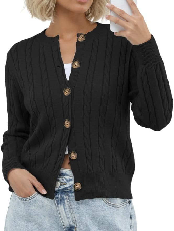 GRECERELLE Women's Long Sleeve Cable Knit Button Down Crew Neck Casual Cardigan Sweater, S-2XL | Amazon (US)
