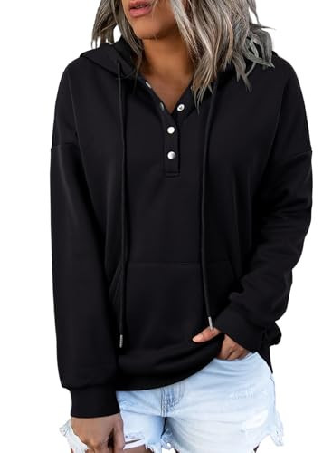 Dokotoo Hoodies for Women Long Sleeve Sweatshirts Fleece Sweater Drawstring Button Down V Neck Pullover Hooded Casual Cozy Sweatshirt Cute Tops Fall Winter Teacher Outfits Fashion 2025 Black Medium | Amazon (US)