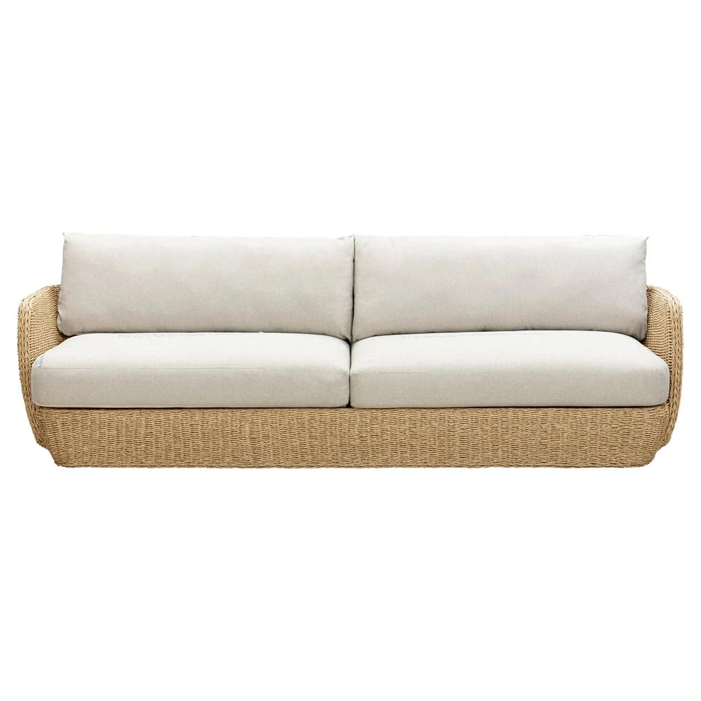 Viana Coastal Beige Upholstered Natural Wicker Outdoor Sofa - 93" | Kathy Kuo Home