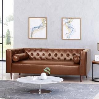 Faraway 90 in. Cognac Brown Solid Faux Leather 3-Seat Tuxedo Sofa | The Home Depot