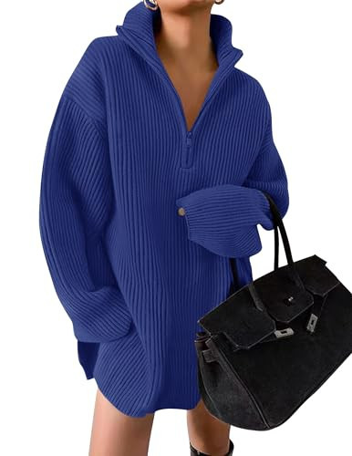 ZESICA Women's Long Sleeve Mini Sweater Dress Fall Quarter Zip Ribbed Knit Oversized Pullover Jumper Sweaters,RoyalBlue,Small | Amazon (US)