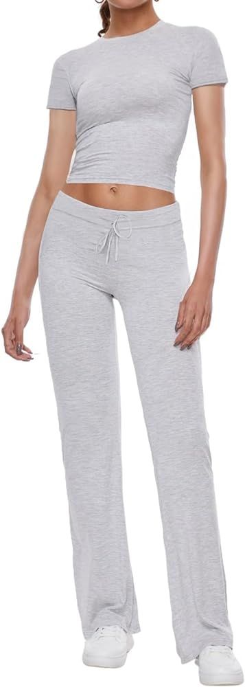 AnotherChill Women's 2 Piece Lounge Sets Straight Leg Pants Set Short Sleeve Crop T-shirt Casual ... | Amazon (US)