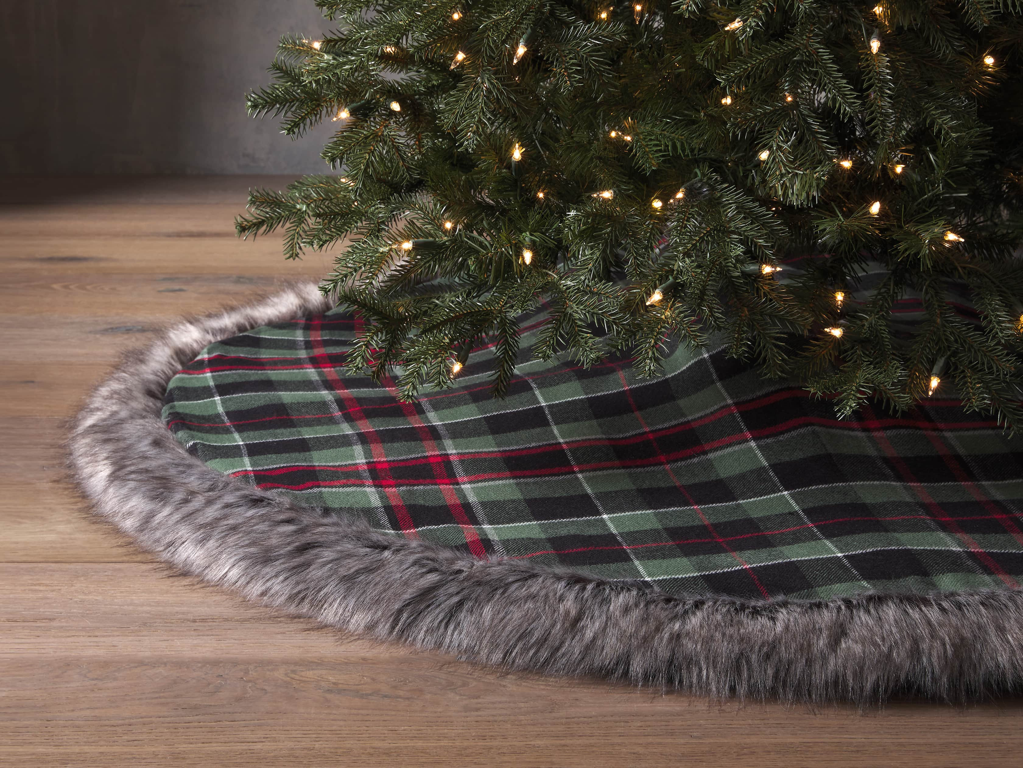 Tartan Faux Fur Tree Skirt in Green | Arhaus