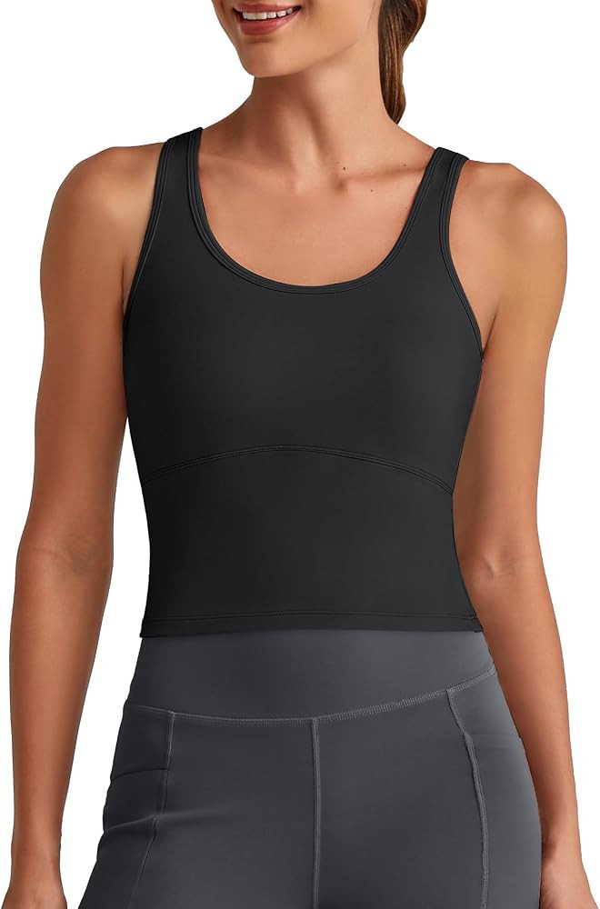 G4Free BareFeel Built in Bra Workout Tank Tops Removable Padded Longline Sports Bras Waist Length... | Amazon (US)