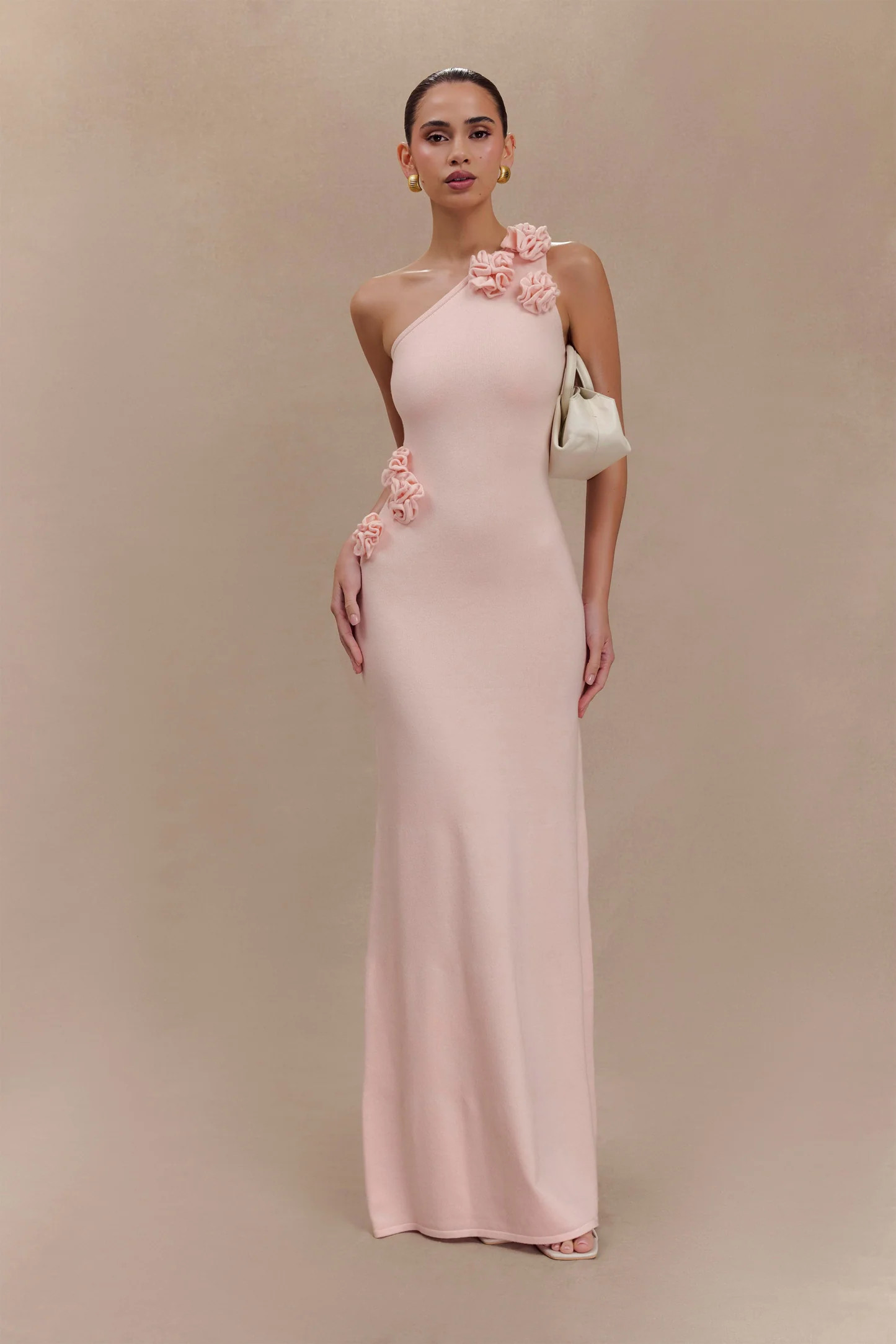 One Shoulder Knit Maxi Dress With Flowers - Baby Pink | MESHKI US
