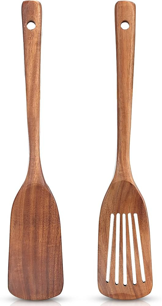 2 Pcs Acacia Wood Spatula Set Non Stick Cooking Utensils Slotted Turner Flat Wooden Kitchen Wok S... | Amazon (US)
