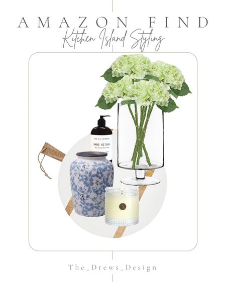 Amazon home find - kitchen island styling. Marble and wood charcuterie board, hand soap, footed vase, blue and white floral vase, scented candle 

#LTKunder50 #LTKhome #LTKstyletip