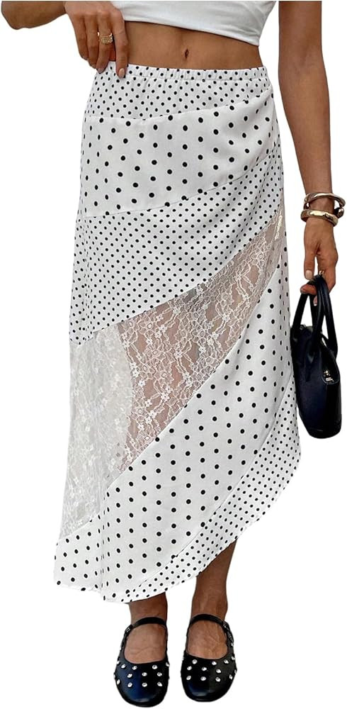 MakeMeChic Women's Summer Midi Skirts Boho Floral Lace Polka Dots Asymmetrical Ruffle Skirt | Amazon (US)