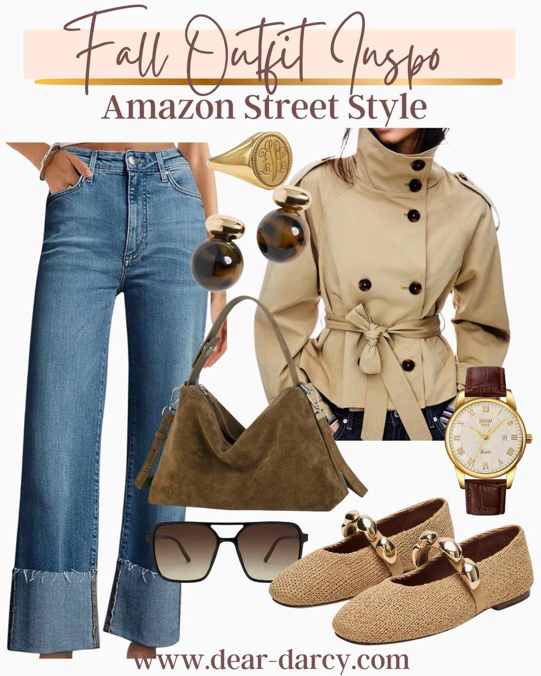 Fall Outfit Inspo 
Amazon Street style 

Perfect cuffed denim with med wash high rise and great length
Use Amazons recommended size $41

Mock neck trench coat 
So chic and great quality 
Fits tts $38

Affordable Suede bag 

Great affordable sunnies $19.99

Brown leather watch with gold 
$19 

Tortoise shell earrings 

Gold signet ring with initials $36

The cutest Mary Jane’s fit tts  $49

#LTKOver40 #LTKStyleTip #LTKFindsUnder50