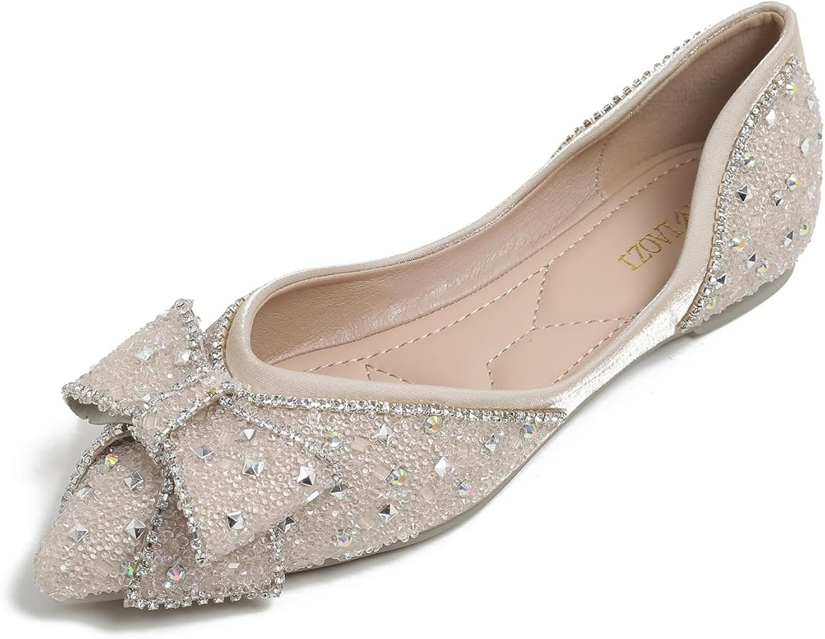 Flats Shoes Women Rhinestone Wedding Flats Comfort Pointed Toe Ballet Flat Shoe Low Heel Dress Sh... | Amazon (US)