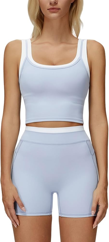 Women 2 Piece Workout Sets Racerback Color Block Tank Top High Waist Tummy Control Shorts Yoga Ou... | Amazon (US)