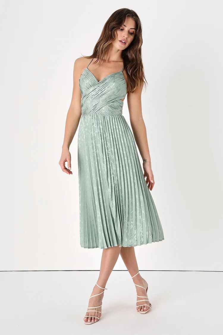 Sage Green Satin Jacquard Pleated Midi Dress | Green Satin Dress | Green Satin Dress | Lulus (US)