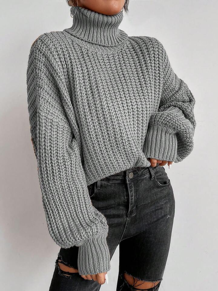 SHEIN Essnce Turtleneck Drop Shoulder Ribbed Knit Sweater | SHEIN