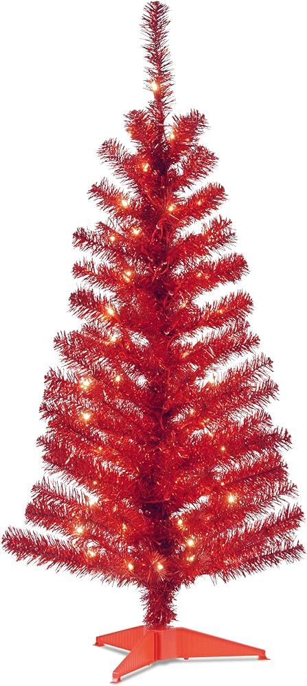 National Tree Company Pre-Lit Artificial Christmas Tree, Red Tinsel, White Lights, Includes Stand... | Amazon (US)