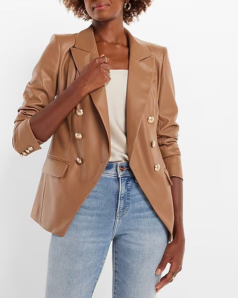 Faux Leather Double Breasted Novelty Button Blazer | Express
