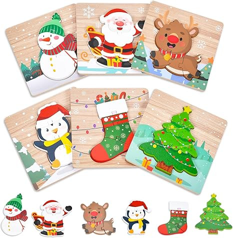 6 Pack Christmas Wooden Puzzles for Kids Christmas Stocking Stuffers for Toddlers 1-3 2-4 Toddler... | Amazon (US)