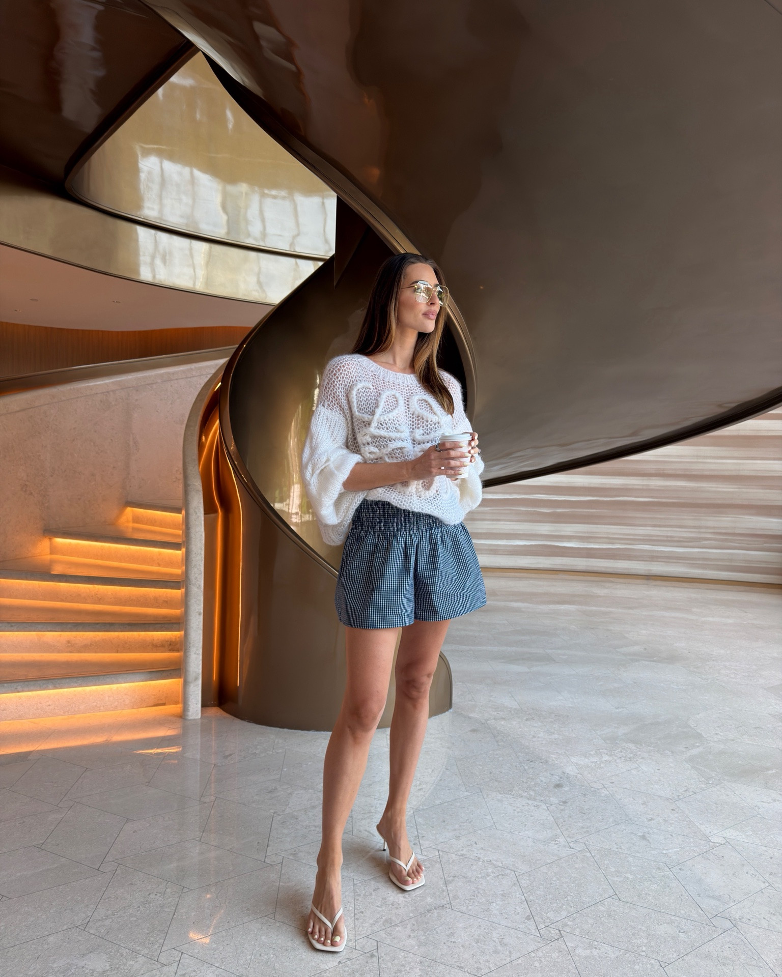 Loewe anagram sweater, gingham Zara elasticated shorts, summer shorts, summer heels, white strappy heels, Zara heels